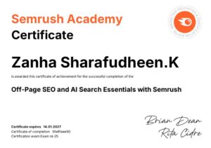 SEMrush Academy SEO Certification earned by Zanha sharafudheen